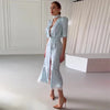 Floral Printed Chiffon Long Dress Women Chic Deep V-neck Lace Patchwork Mini Sleeves Slim Fit Dresses Lady Daily Wear