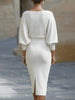 Spring Women's Elegant Dress High Waist O-neck 7-quarter Sleeves Slim Simple Office Solid Color Female Mid-length Skirt