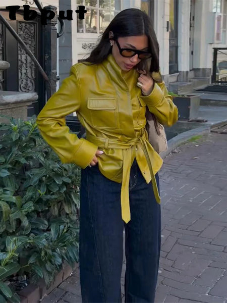 Elegant Lace-Up Women's Pu Leather Jacket Pocket Slim Stand Collar Zippers Lady Coats Autumn Winter Female Street Tops