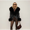 Black Fur Collar Leather Jacket Women Chic Solid Full Sleeves Waist Cinching V-neck Short Coat Lady High Street Outerwear