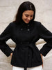 Women Black Belted Double Breasted Coat High Neck Long Sleeve Tailored Fit Elegant Jacket Winter Office Casual Outerwears