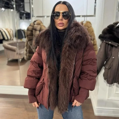 Puffer Coat Women Knit Sleeve Real Fur Coat Winter Large Real Raccoon Fur White Duck Down Jacket Oversized Feather Parka