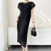 White Textured Pleated Women's Dress Raglan Sleeve Round Neck Side Slit Casual Formal Sheer Dresses Spring
