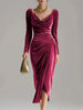 Elegant Velvet Swing Collar Dress for Women's Ruched Split Solid Office Lady Long Sleeve Slim Vintage Casual Wedding Guest Dress