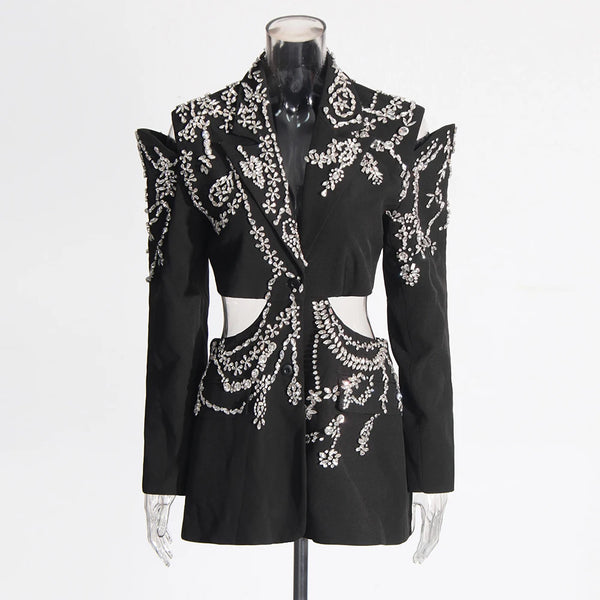 Hollow Out Patchwork Diamonds Blazers For Women Notched Collar Long Sleeve Spliced Button Temperament Blazer Female