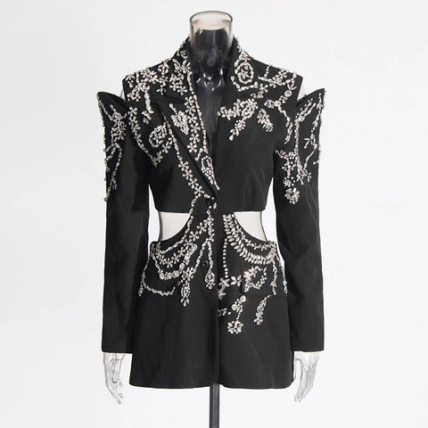 Hollow Out Patchwork Diamonds Blazers For Women Notched Collar Long Sleeve Spliced Button Temperament Blazer Female