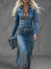 Western Retro Solid Denim Tassel Dresses Woman Turn-down Collar Zipper Slim Hips Dress Spring Long Sleeve Irregular Dress