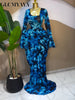 Women Floral Tie Dye Print Stacked Ruched Long Sleeve A-line Maxi Long Dress Birthda Party Education Dresses