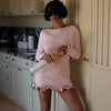 Autumn Winter Women Contrasting Ruffle Hem Mini Dress Elegant O-neck Long Sleeve Bodycon Dresses Street Short Robes