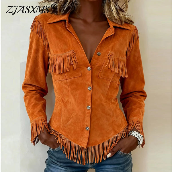 Retro Western Single Breaster Lapel Shirt Coat Woman Solid Suede Tassel Top Cardigan Autumn Long Sleeve Jacket Outerwear