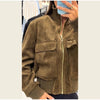 Women's Cropped Bomber Jacket Stand Collar Zipper Patch Pocket Rib Trim Long Sleeve Short Coat Vintage Autumn Casual Outfit