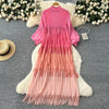 Tassel Patchwok Color Block Dress for Women Pleated Puff Sleeve Mid-calf Dresses Female Autumn