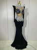 Sparkly Diamonds Pearl Black Sexy See Through Mesh Long Dress Women Wedding Evening Birthday Party Stage Photoshoot Dress
