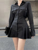 Houzhou Black Shirt Dress Women Elegant Vintage Long Sleeve Dresses Sexy Gothic Pleated Streetwear Turn-down Collar Casual Robe