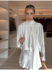 Women's Elegant white Ruched Short Dress Casual Stand Neck Long Sleeve Mini Dresses Autumn party Female Clothing