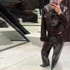 Leather Women's Pants Sets Chic Laple Single Breasted Long Sleeve Jackets Elastic Waist Straight Pants Suit Lady Outfits