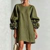 Women Solid Mini Dress Round Neck Puff Sleeve 3D Flower Cuff Loose Shift Dress Elegant Vacation Party Daily Casual Short Dresses