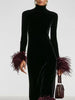 Temperament Simple Banquet Dress Vintage Turtleneck Long Sleeve Slim Feather Spliced Dress Elegant Lady High Waist Bodycon Dress