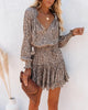 Women's Long Sleeve Mini Dress V-neck Drawstring Leopard Printed Waist Tied Dress Elegant Office Lady Dresses For Women