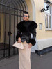 Black Fur Collar Leather Jacket Women Chic Solid Full Sleeves Waist Cinching V-neck Short Coat Lady High Street Outerwear