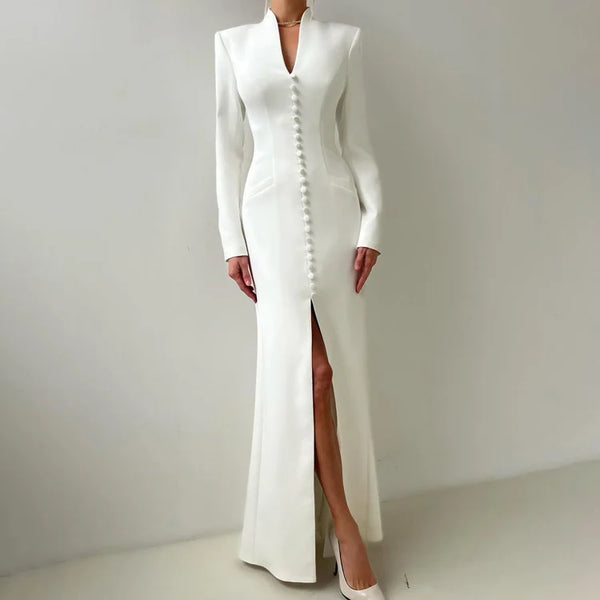 Sexy Slim Women's Dress V-Neck Long Sleeve Ankle Length Dresses Elegant Classic Slit Female Dress Robe De Soiree