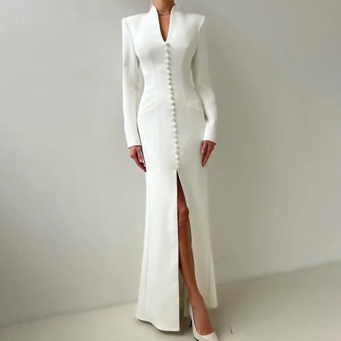 Sexy Slim Women's Dress V-Neck Long Sleeve Ankle Length Dresses Elegant Classic Slit Female Dress Robe De Soiree