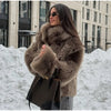 Brown Faux Fur Thicken Coat Women Lapel Long Sleeve Warm Winter Jacket Lady Chic Snap Button High Street Elegant Outerwear