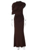 Irregular Ruched Sexy Maxi Dress For Women Elegant Autumn Inclined Shoulder Pleated Club Party Long Dresses Female