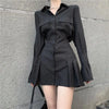 Houzhou Black Shirt Dress Women Elegant Vintage Long Sleeve Dresses Sexy Gothic Pleated Streetwear Turn-down Collar Casual Robe
