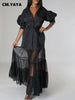 Women Puff Half Sleeve Cascading Ruffles Mesh Patchwork Shirt Style Maxi Dress Autumn Street Long Dresses Vestidos