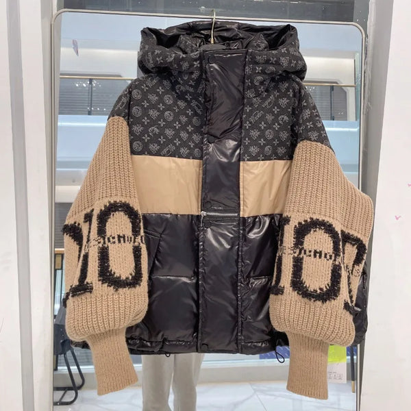 Women's Patchwork Hooded Down Jacket Knitted Sleeves Letters Thickened White Duck Down Outerwear Jackets for Women