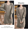 Autumn Winter 100% Mink Cashmere Knit Long Skirt Women Scoop Neck Knee-length Dress Casual Warm Jumper Cashmere Base Shirt Top