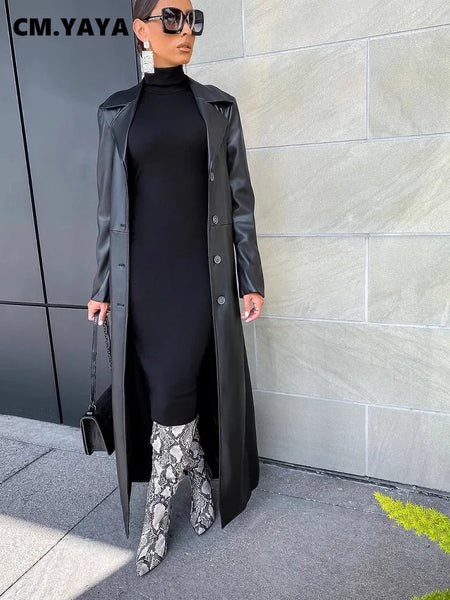 Women’s Coats Thick PU Leather Long Sleeve Winter Notched Neck X-Long Trench Street Wear OL Work Outcoat