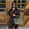 Street Waist Cinching Leather Jacket Women Loose Solid Stand Collar Zipper Pocket Jackets Spring Lady Outwear