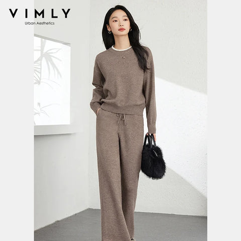 Casual Knitted Pant Sets Woman Autumn O-neck Long Sleeve Pullovers Wide-leg Long Trousers Women's Clothing 73536