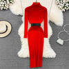 Elegant Turtleneck Long Sleeve Knit Soft Tight Pencil Dress with Belt Slim Warm Sweater Vestido Sexy Women Winter Robe