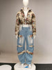 Washed Denim Women's Set Full Sleeve Floral Jacket and Pockets Cargo Jeans Pants Suit Street Two 2 Piece Set Outfit