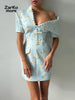 Elegant Women's Printed Buttons Short Dress Waist Cinched Shoulder Pads High Collar Dresses Autumn Lady Holiday Party Robes