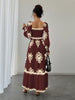 Women's All Over Print Shirred Bishop Sleeve A Line Dress, Long Sleeve Dress for Fall & Winter