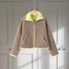 Casual Women's Knit Contrast Fleece Coats Stand Collar Zipper Pockets Full Sleeve Jackets Spring Lady Warm Outwear