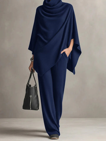 Women's Casual Long Sleeve Solid 2Pc Outfits Elegant Draped Wide Legger Suit Pile up Collar Cape Tops & Long Pants Sets