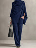Women's Casual Long Sleeve Solid 2Pc Outfits Elegant Draped Wide Legger Suit Pile up Collar Cape Tops & Long Pants Sets