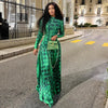 Women's Retro Print Turtleneck Long Sleeve Waistband Pleated Big A-Line Long Dress