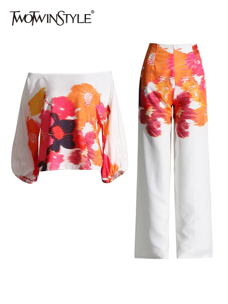 Casual Printing Two Piece Sets For Women Slash Neck Lantern Sleeve Tops High Waist Pant Loose Set Female