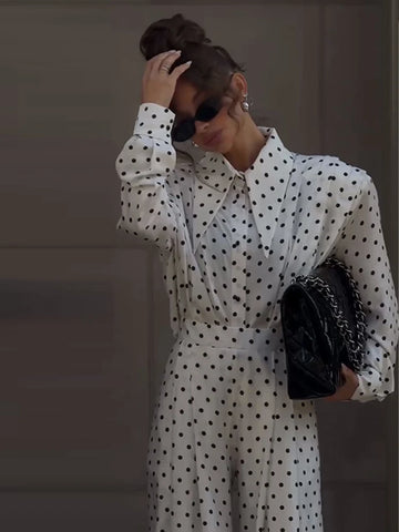 Polka Dot Lapel Shirts Pants Suits Women Street Long Sleeve Pleated Loose Blouse Tops Wide Leg Trousers Chic Office Lady Outfits