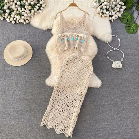 Seaside Vacation  Set Female Sexy Perspective Hollow Out Tassel Tank Tops Two Piece High Waist Skirt Summer Outfit z1140