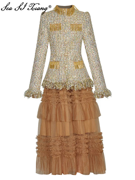 Seasixiang  Designer Autumn Suit Women Tassel Plaid Tweed Stand Collar Jacket + Elastic Waist Mesh Skirt Two Piece Set