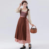 Ladies' Temperement Pastoral Style Fresh Patchwork Long Sleeve A-line Skirt Plaid And Flower Splicing High Waist U-neck Dress