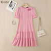 Elegant Chic Womens Tiered Midi Dresses Fabric Flower Detailed O-Neck Short Puff Sleeve Solid Color A-Line Dress Woman