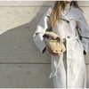 Retro Solid Stand Collar Long Tweed Coat Women Large Lapel Single Breasted Coats With Belt Lady Chic Street Outwear